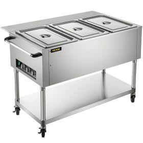 VEVOR Commercial Electric Food Warmer, 3-Pot Steam Table Food Warmer 0-100°C w/ 2 Lockable Wheels